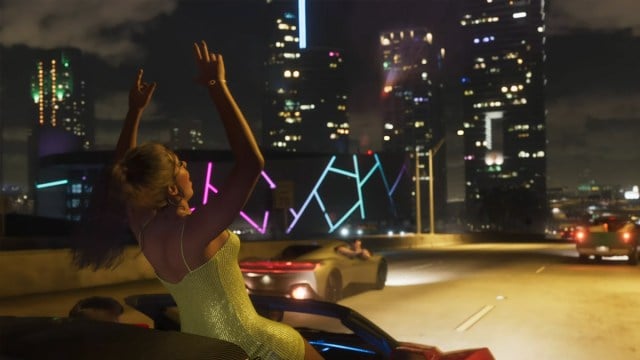 A girl without a seatbelt dances in a car on a highway in Vice City in GTA 6.