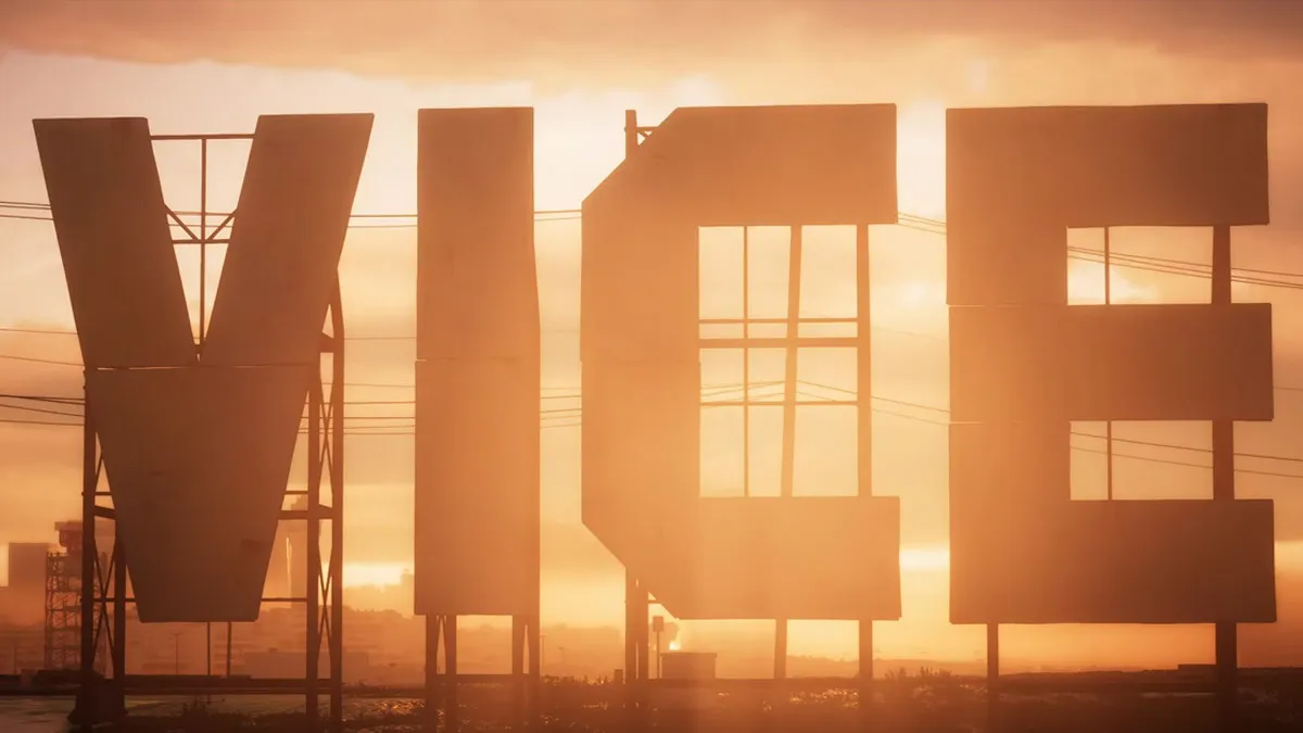 The Vice City sign in GTA 6 with the sun setting in the background.