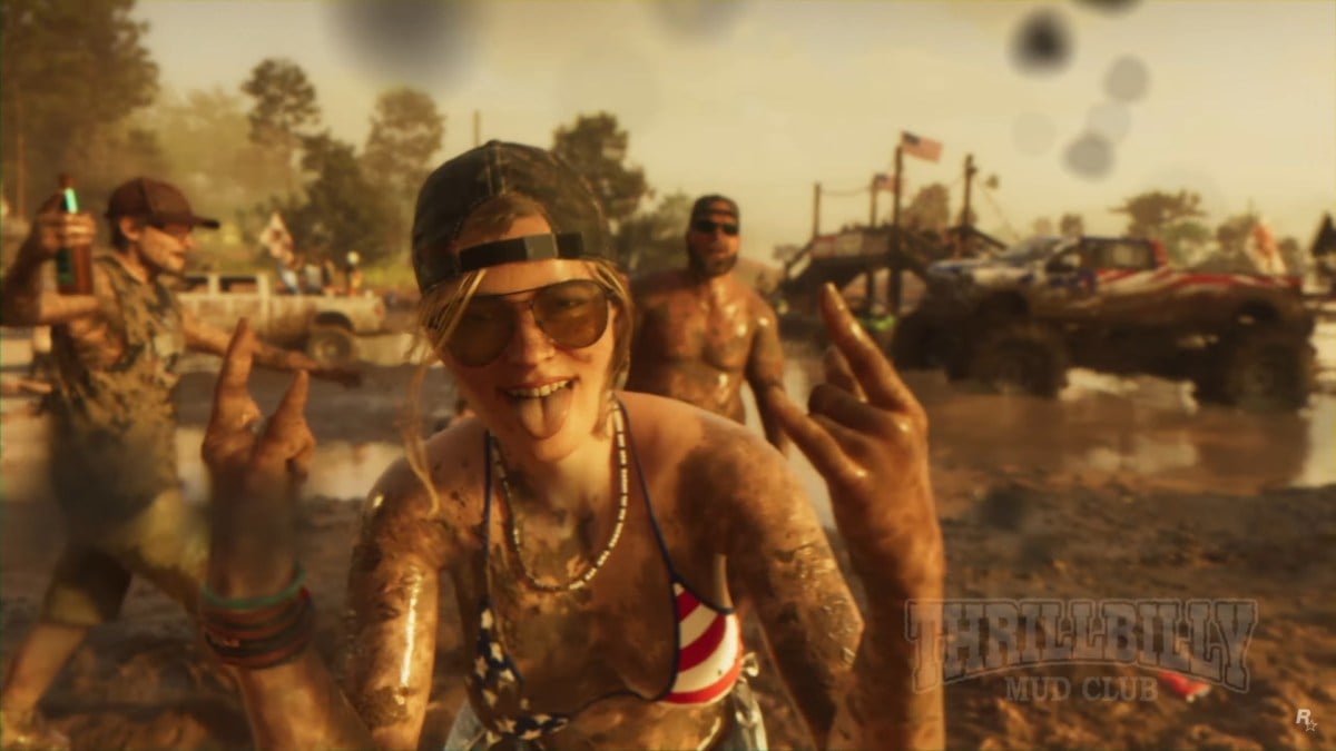 A screenshot of hillbillies playing in the mud in the GTA 6 reveal trailer.