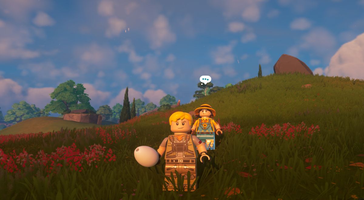 A player and a villager exploring together in LEGO Fortnite