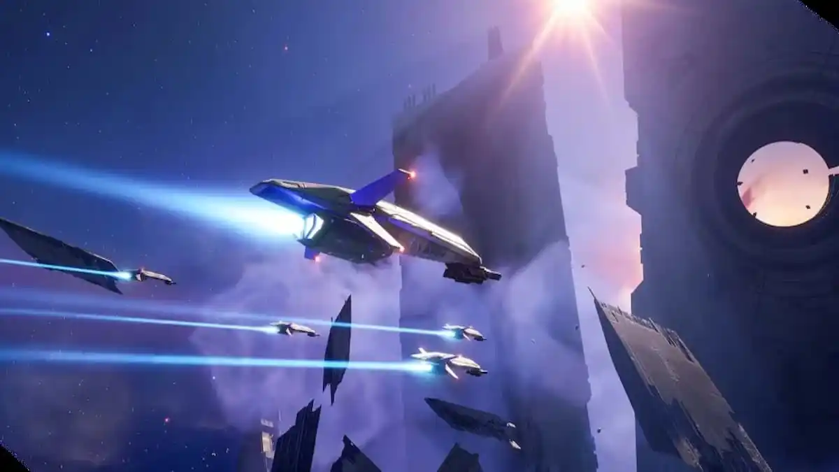 A starship fleet flying through space in Homeworld 3.