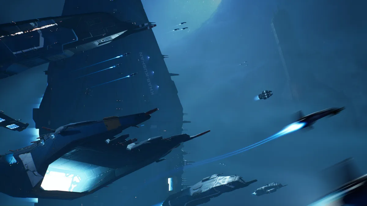 Many ships flying from left to right in Homeworld 3