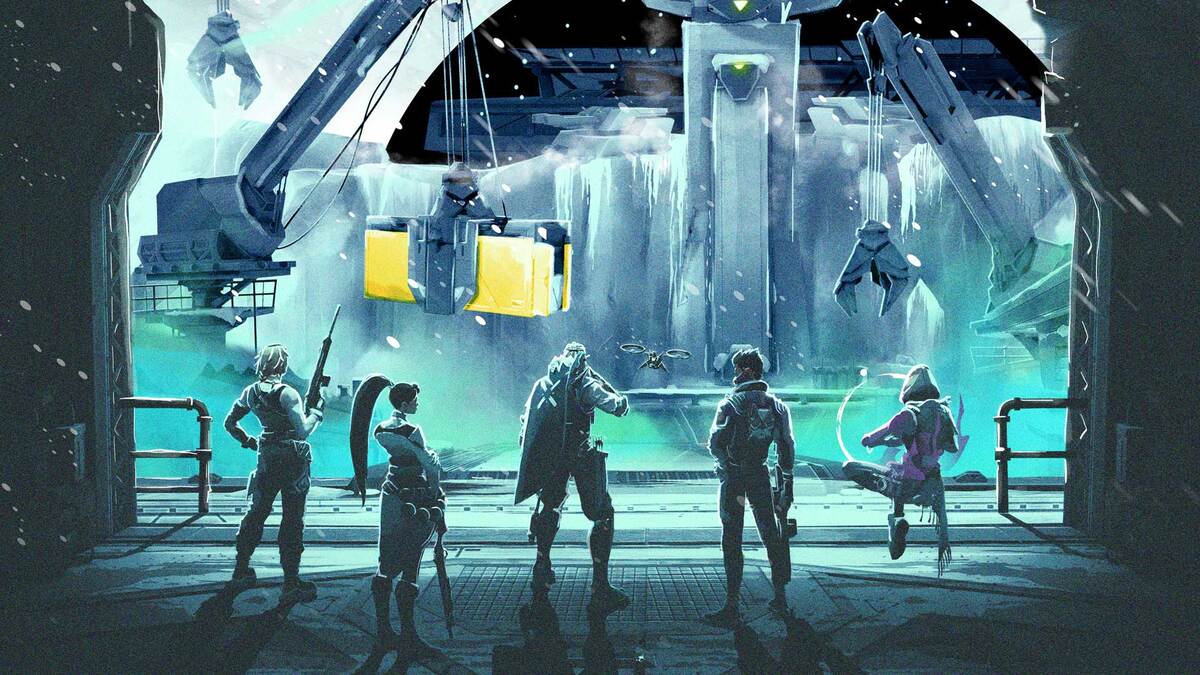 Five VALORANT agents standing in Icebox's spawn art