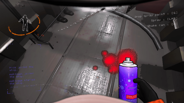 A crewmate holds a purple can of spray paint in the ship in Lethal Company.