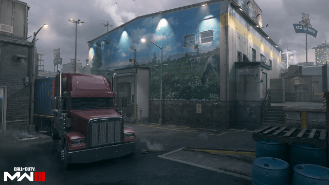 A truck parked outside a slaughterhouse: Meat, a new season one map introduced in MW3.