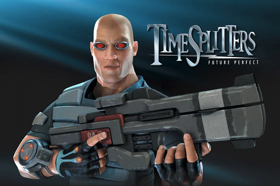 A man holding a gun with a TimeSplitters logo.