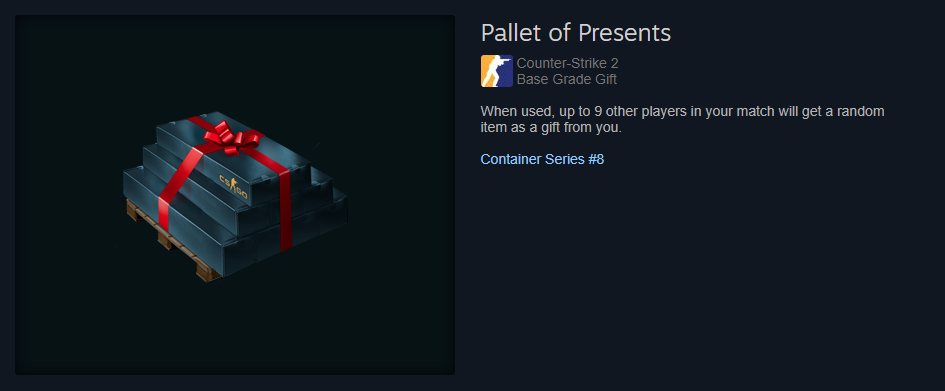 Pallet of Presents case listing on the Steam Community marketplace.