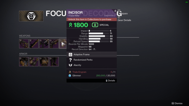 The Focused Engram weapon menu for Trials of Osiris in Destiny 2.