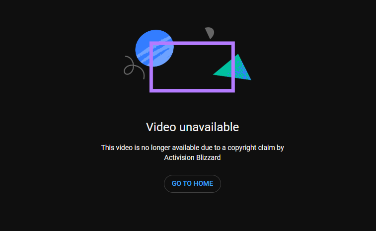 A screenshot of Activision Blizzard DMCA on YouTube.