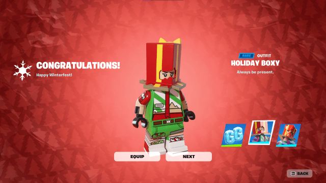 The Holiday Boxy outfit in LEGO Fortnite.