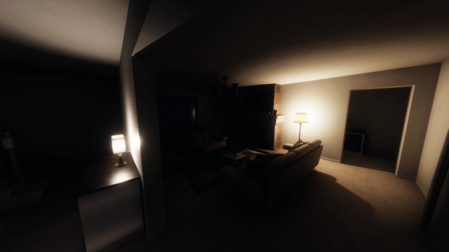 A dimly lit room in Phasmophobia running a ReShade config.