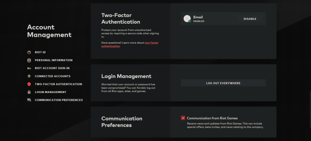 The Account Management screen on Riot Games' official website.