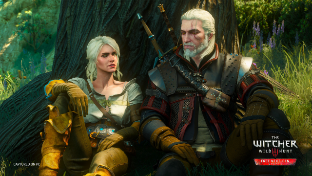 Geralt and Ciri sitting under a tree in The Witcher 3.