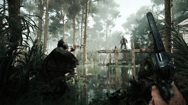 Players traversing an American Southern swamp and shooting at zombies in Hunt: Showdown.