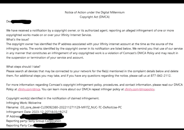 Alleged DMCA warning letter sent by Comcast to an unknown user.