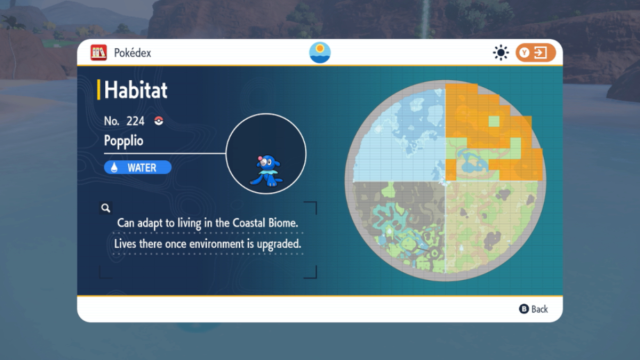 A map showing the spawn locations for Popplio in The Indigo Disk.