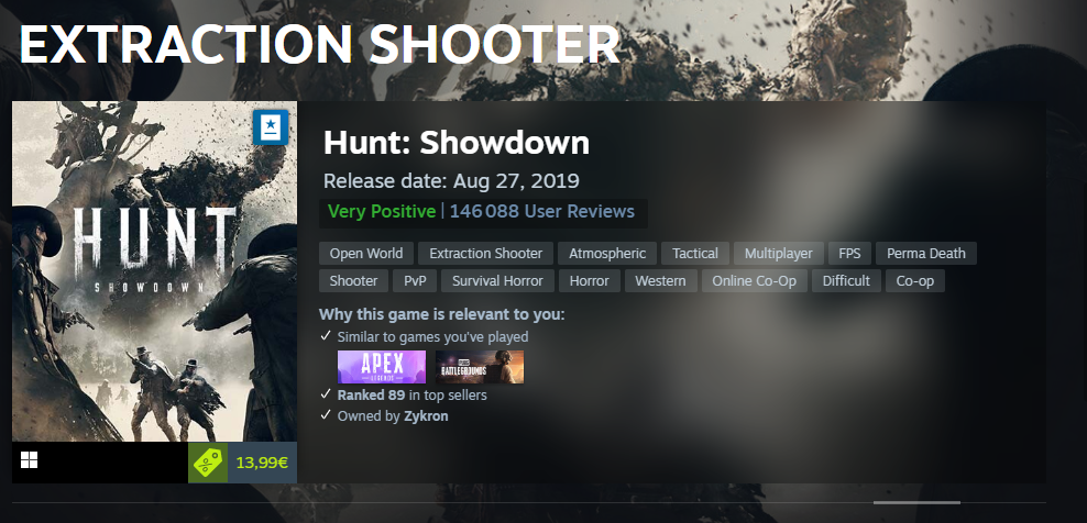 Extraction Tag displaying Hunt: Showdown game page.