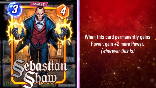 A screenshot of December's Marvel Snap season pass card, Sebastian Shaw.