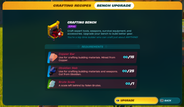 The Epic Crafting Bench recipe in LEGO Fortnite.