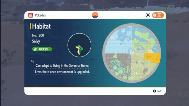 Snivy's spawn location in The Indigo Disk shown on a map.