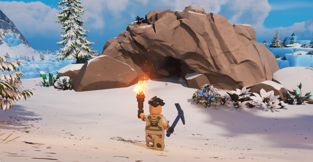 An ice cave in LEGO Fortnite.