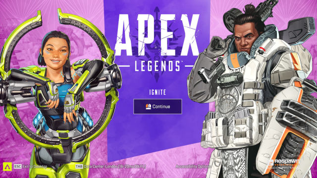 Apex Legends' log in screen with Conduit and Gibraltar.