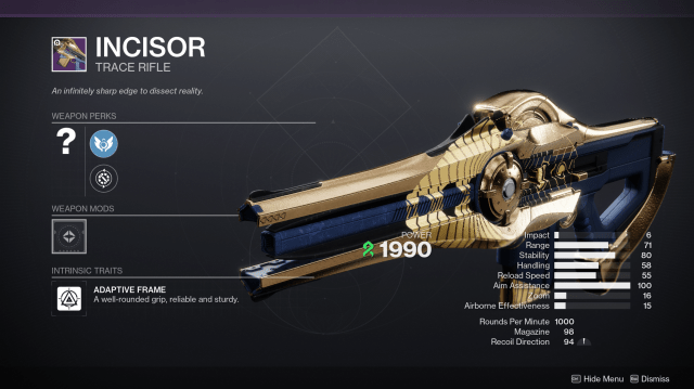 Incisor, a trace rifle from Destiny 2, in gold and blue.