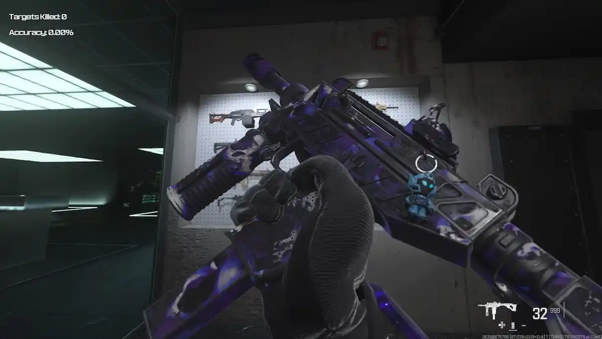 A screenshot of a purple WSP Swarm with fun weapon charm in Warzone's firing range.
