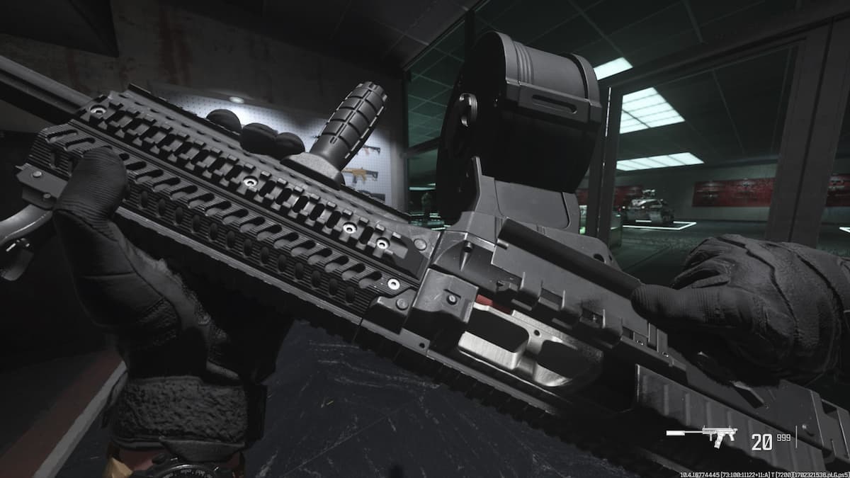 A screenshot of the Haymaker shotgun in Warzone's firing range.
