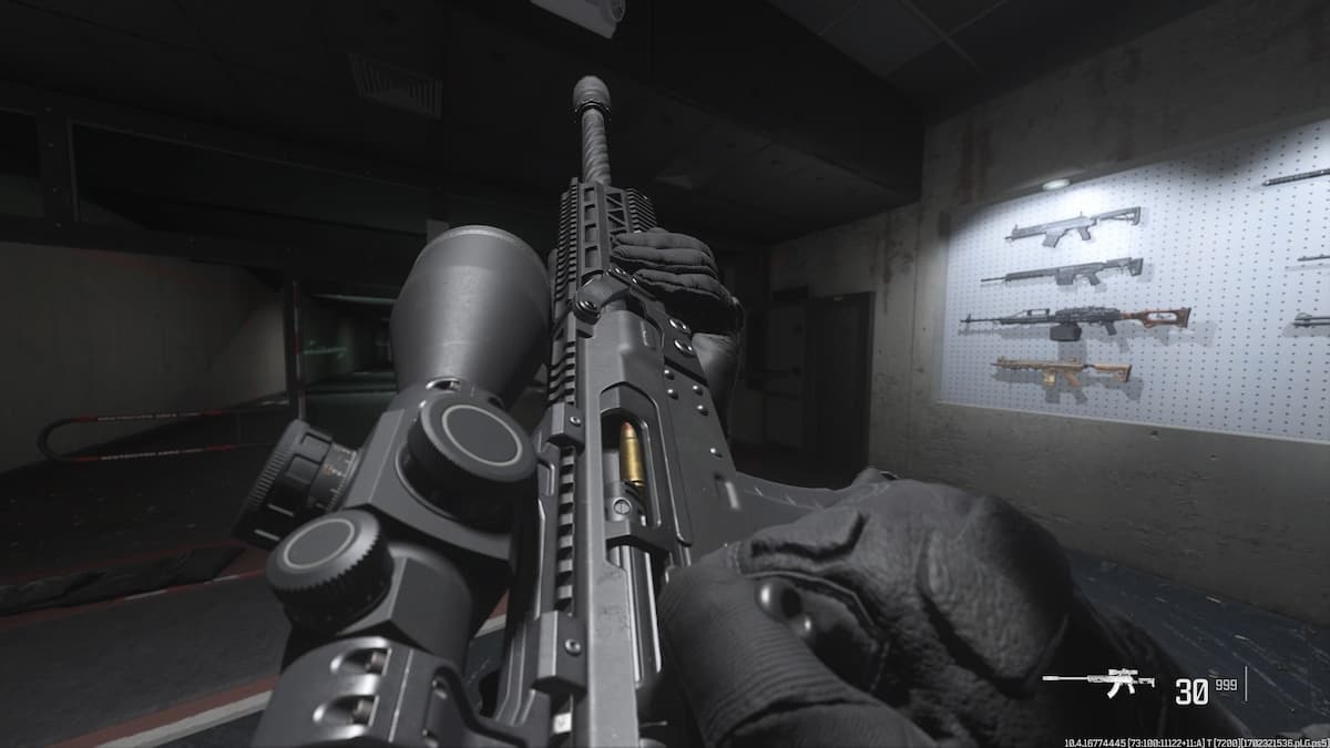 A screenshot of the Longbow sniper rifle in Warzone's firing range.
