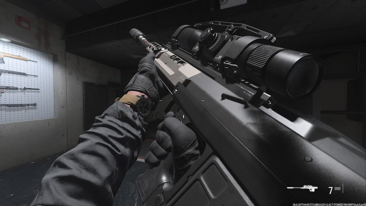 A screenshot of the Signal 50 sniper rifle in Warzone's firing range.
