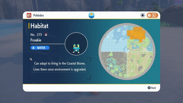 A screenshot showing Froakie spawn locations in The Indigo Disk.