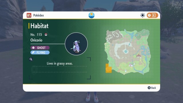 A screenshot showing Oricorio spawn locations in Pokémon Scarlet and Violet.