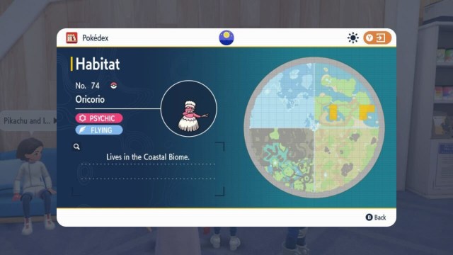 A screenshot of the map showing Oricorio spawn locations in Pokémon Scarlet and Violet.