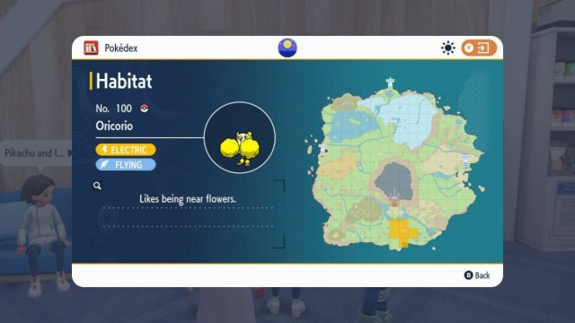 A screenshot showing Oricorio spawn locations in Pokémon Scarlet and Violet.