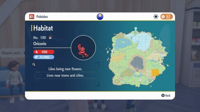 A screenshow showing a map with Oricorio spawn locations in Pokémon Scarlet and Violet.