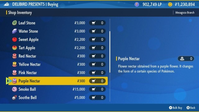 A screenshot of Delibird Presents' inventory, showing Nectar for sale.