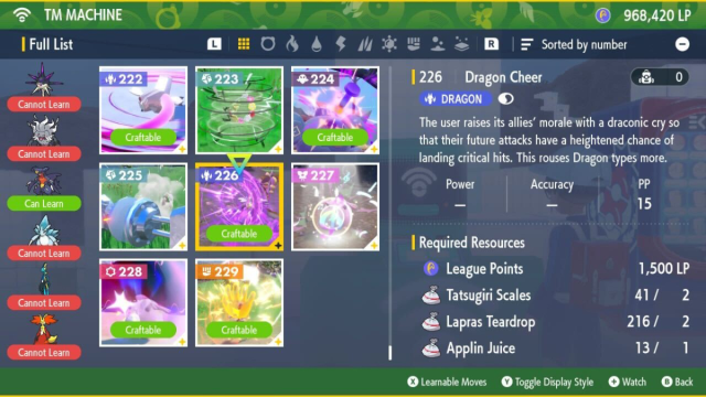 A menu showing how to craft the Dragon Cheer TM in the Indigo Disk.