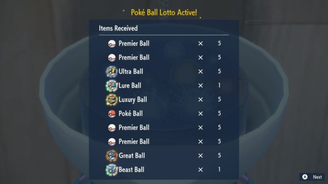 A collection of Pokeballs awarded by the Item Printer in The Indigo Disk.