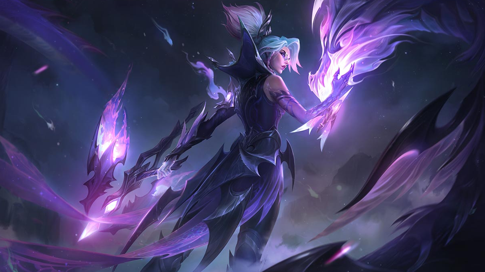 Dragonmancer Vayne from League of Legends poses with two glowing purple hand guns