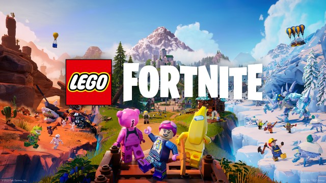 LEGO Fortnite advertising image, featuring three LEGO characters posing in front of the Fortnite map