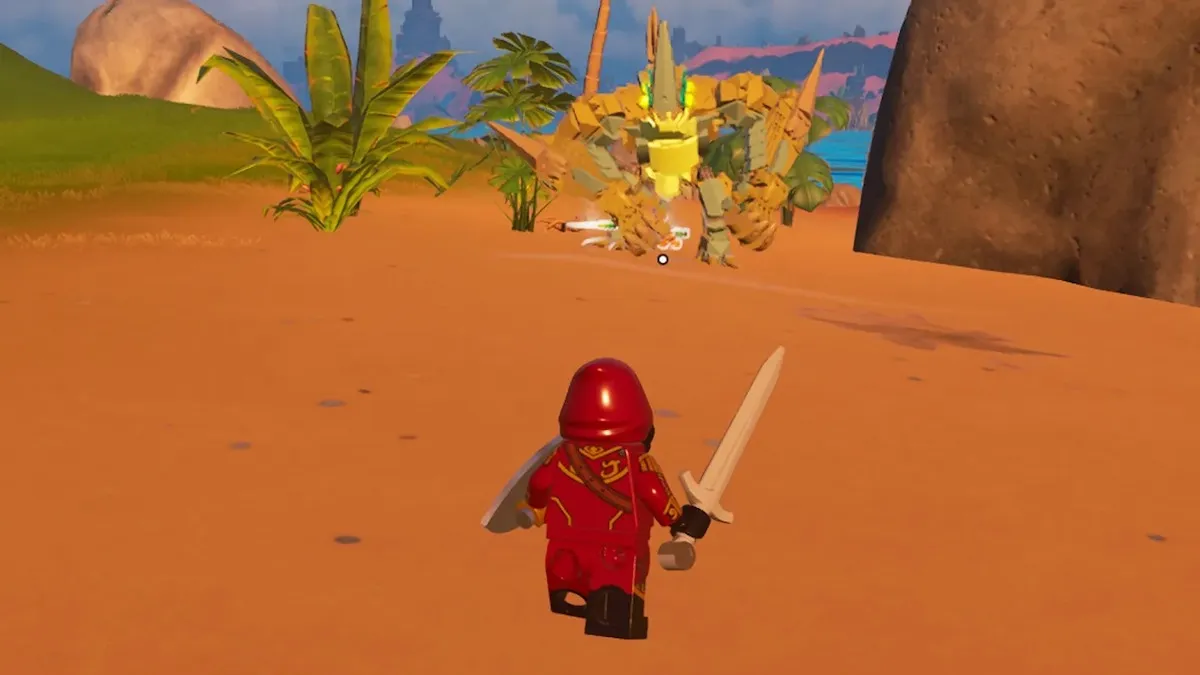 A LEGO Fortnite Chracter approaching a Brute.