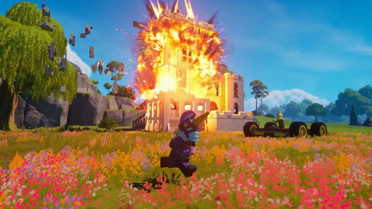 A building explosion in LEGO Fortnite
