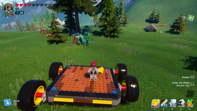 A LEGO Fortnite car in the forest biome, built using dymanic foundations