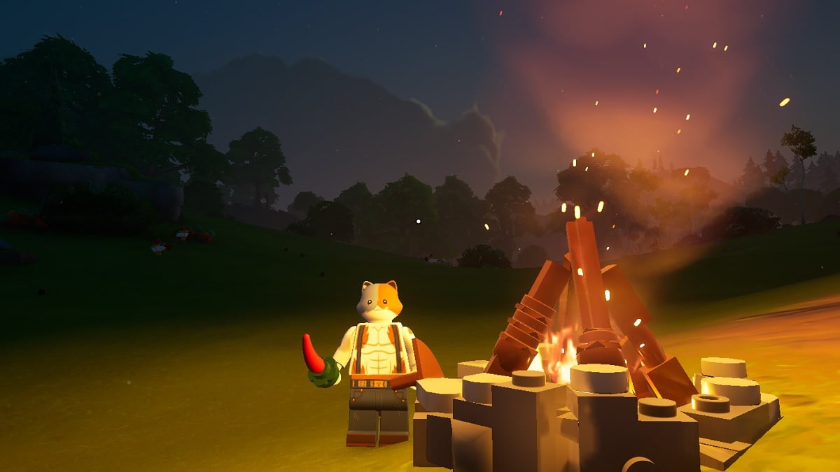 A LEGO Fortnite character standing next to a fire.