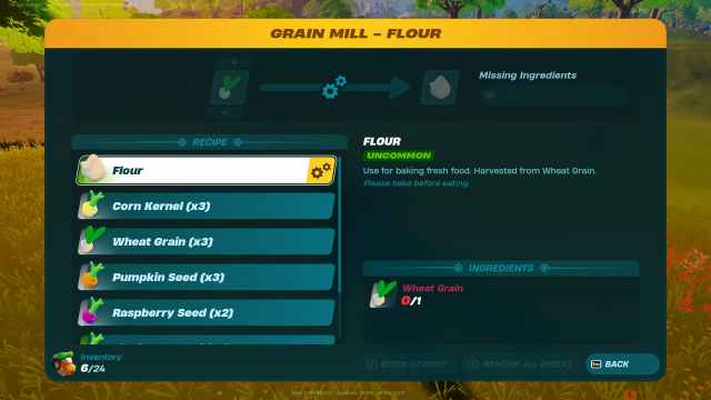 Flour crafting recipe in the Grain Mill in LEGO Fortnite