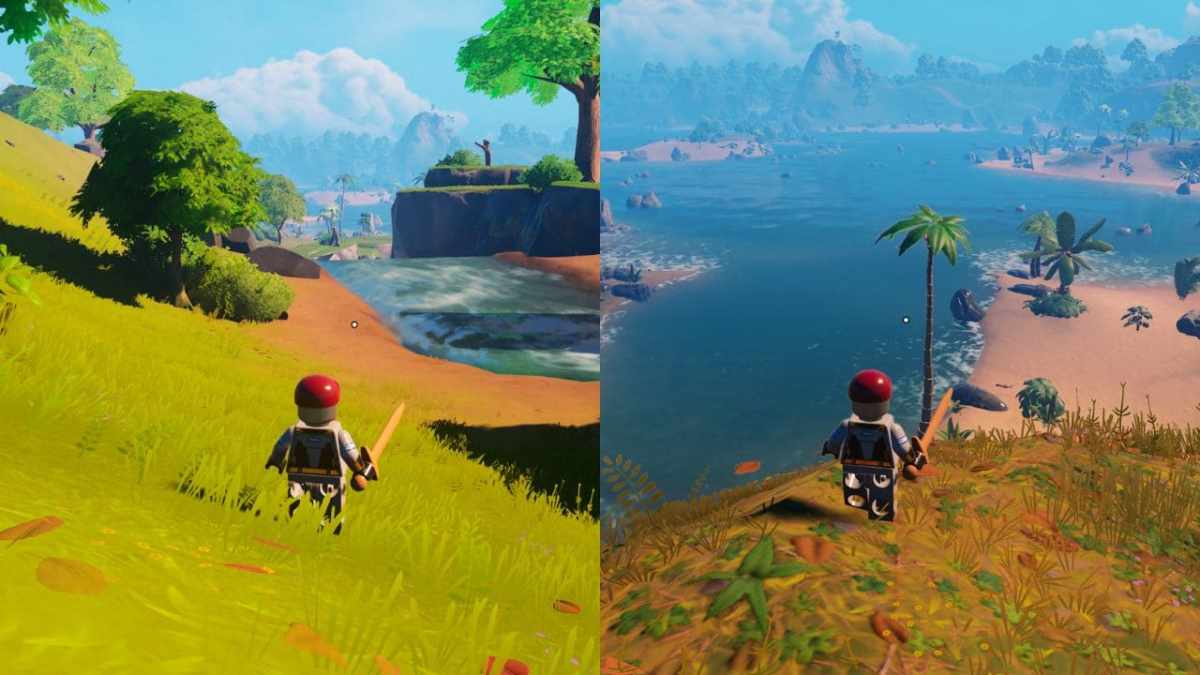 A split screen image showing LEGO Fortnite waterfall and shore