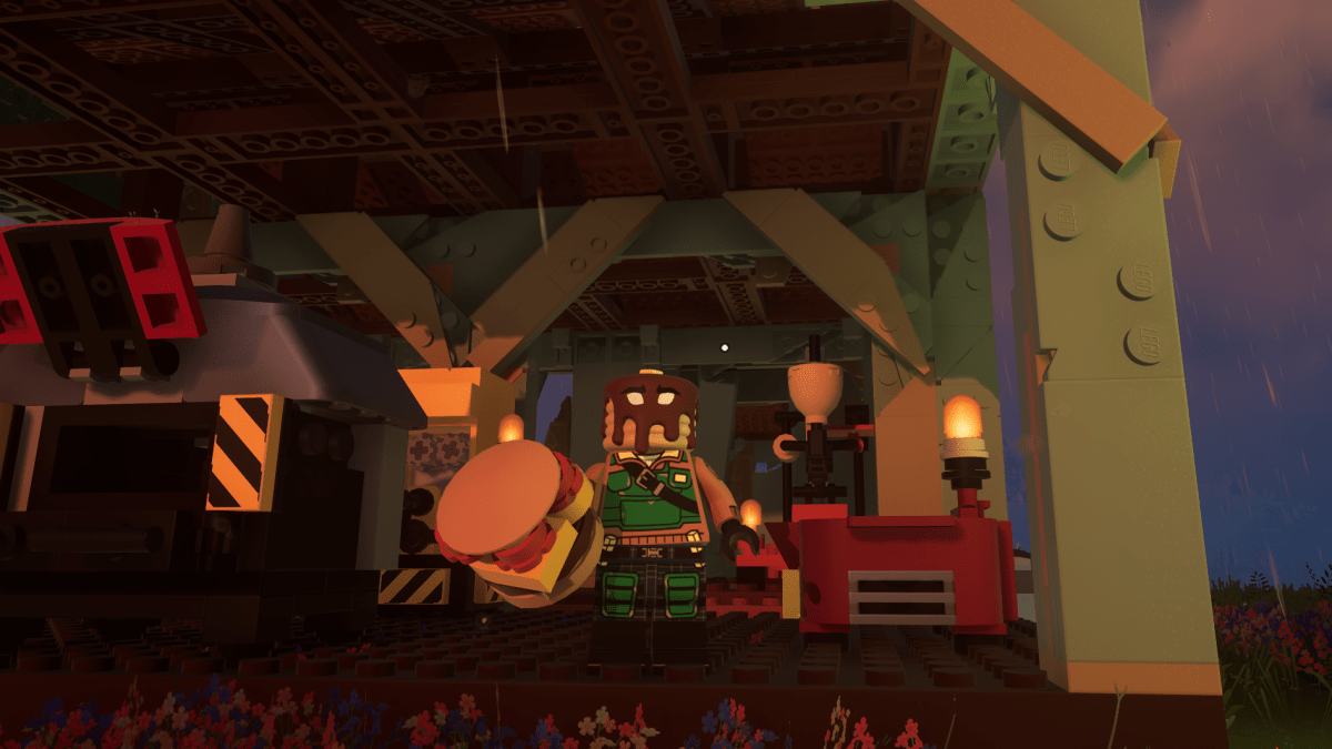 A LEGO Fortnite character holding a Spicy Burger near their stations.