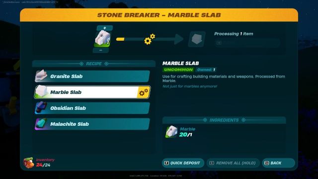 The Stone Breaker menu in LEGO Fortnite converting Marble into Marble Slab.