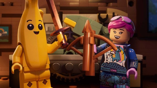 Two LEGO Fortnite characters with weapons